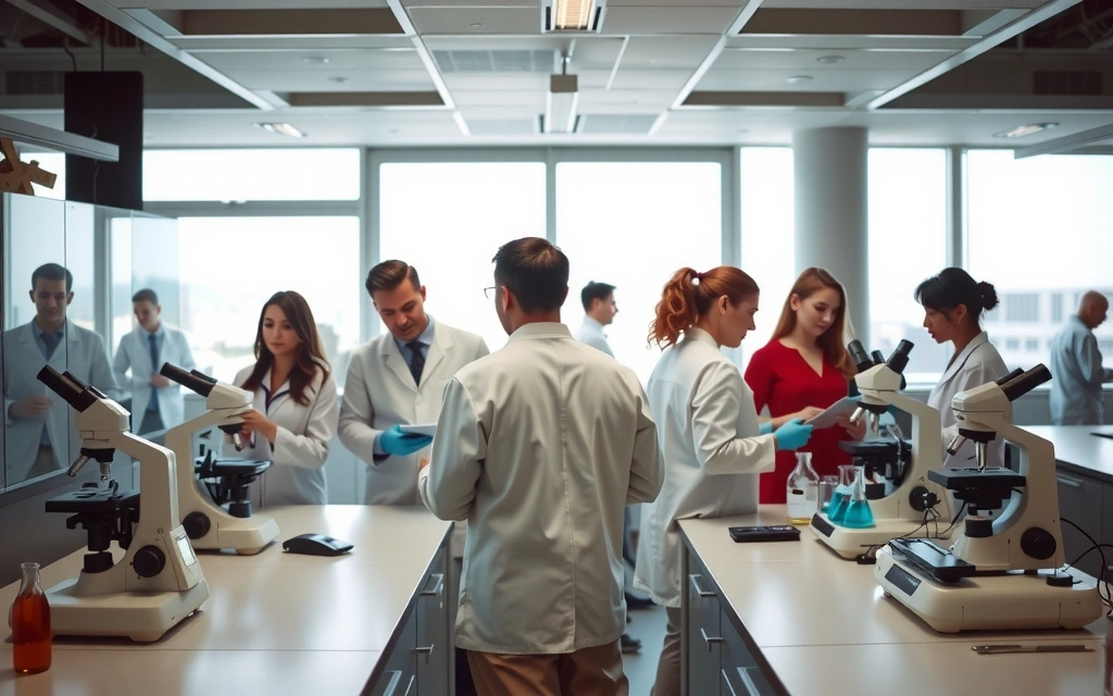 A group of diverse scientists in lab coats working collaboratively in a modern, clean laboratory setting, with advanced equipment visible.