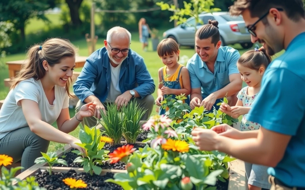 A diverse group of people participating in a community gardening project, smiling and working together with plants in a vibrant outdoor setting.