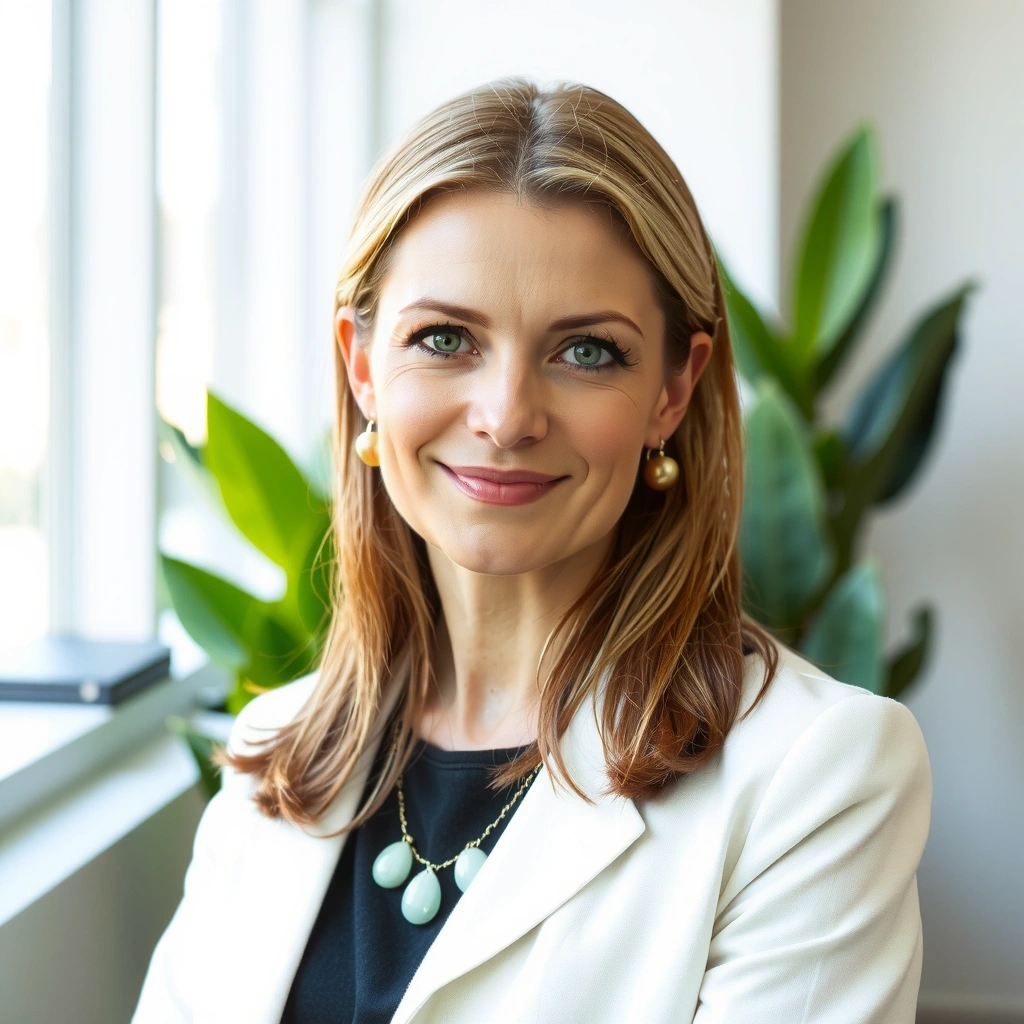 Portrait of Dr. Elara Vance, co-founder of Bioellea, with a warm, thoughtful expression, standing in a modern, plant-filled office.