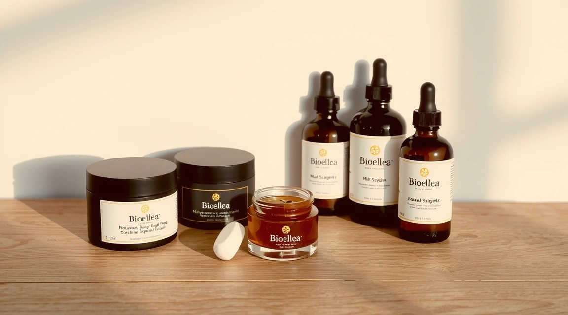 A beautifully arranged selection of Bioellea's natural supplement bottles and skincare jars on a wooden surface.