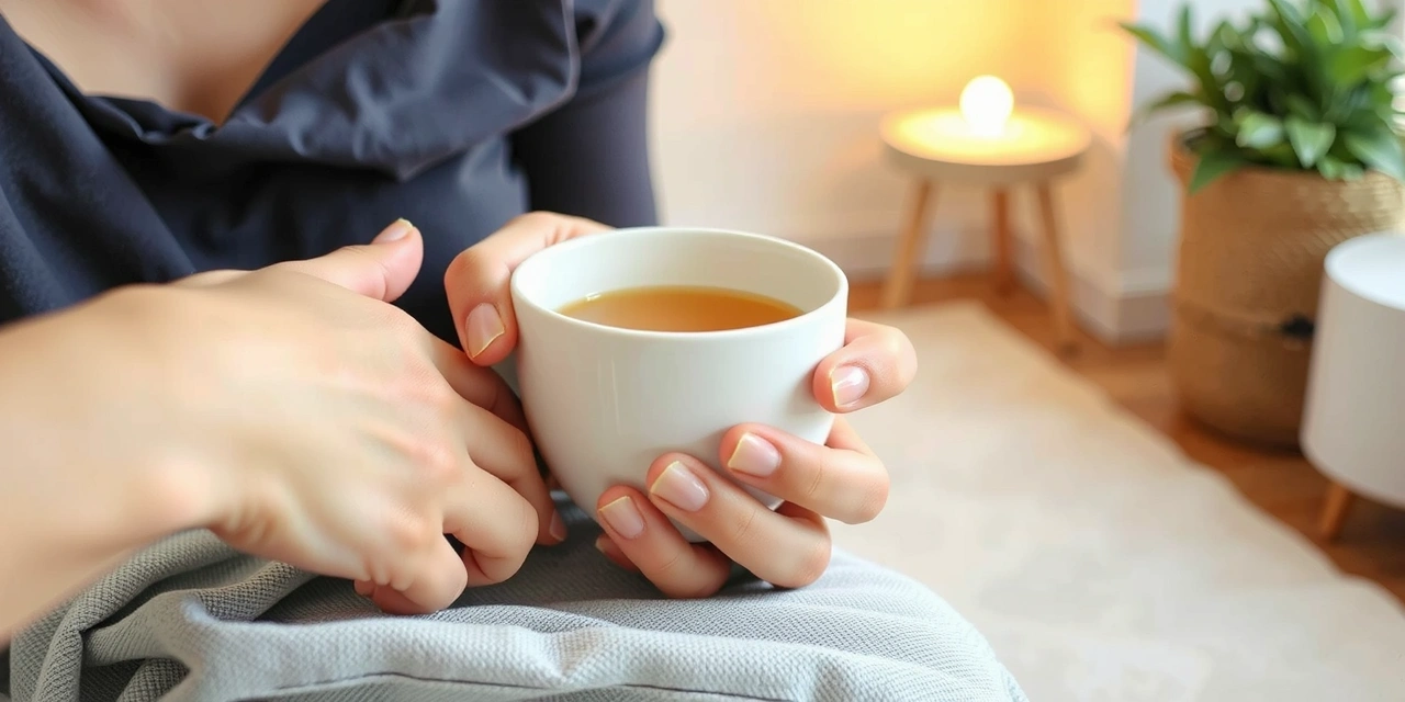 A person's hands gently holding a warm mug of herbal tea, with a blurred background of a cozy home interior.