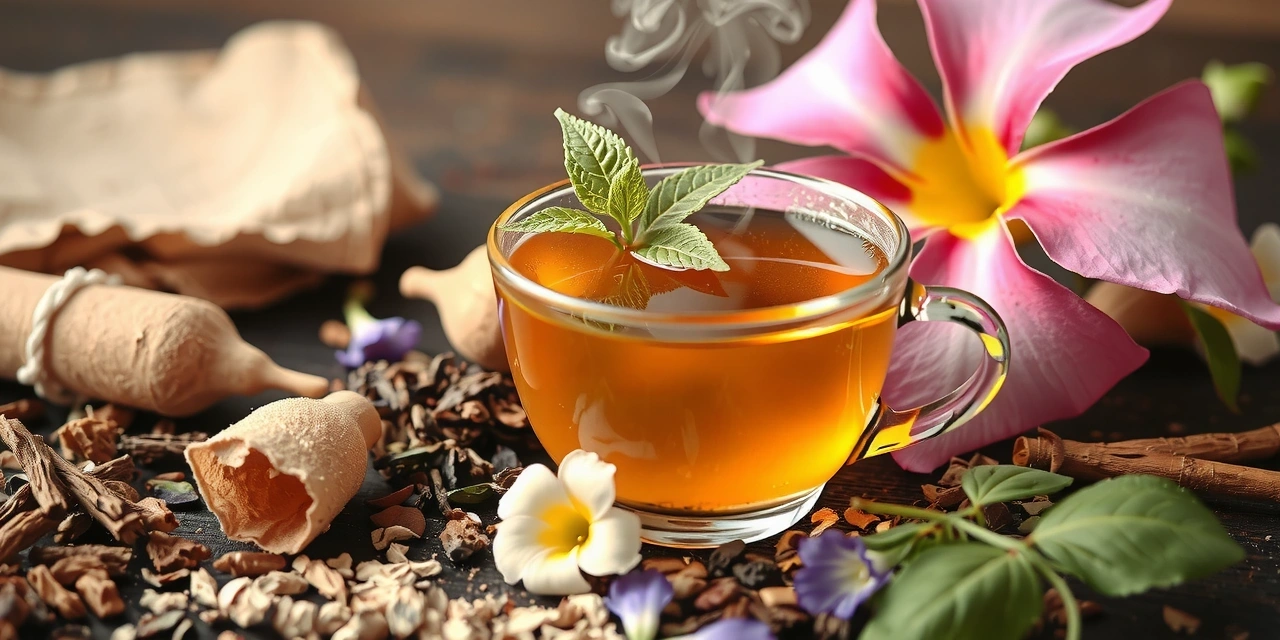 A steaming cup of herbal tea surrounded by various dried herbs and fresh flowers, depicting natural wellness.