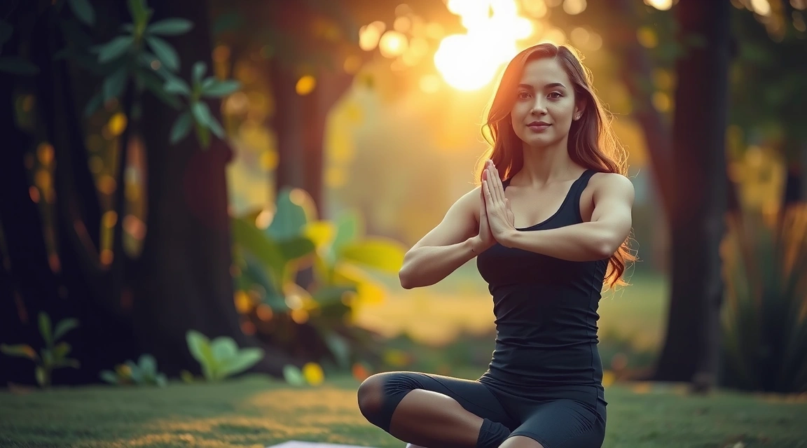 A serene woman practicing yoga in a sunlit natural setting, embodying holistic health.