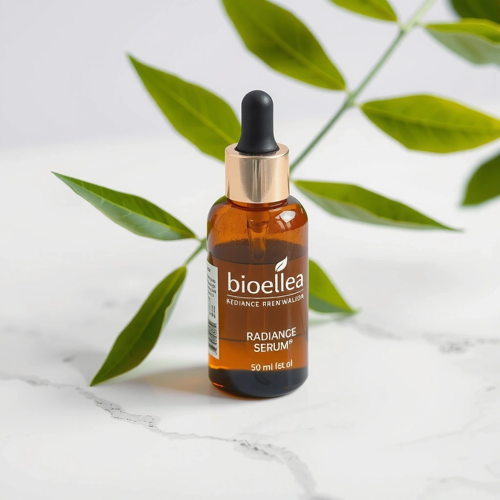 Bioellea Radiance Renewal Serum bottle on a marble surface