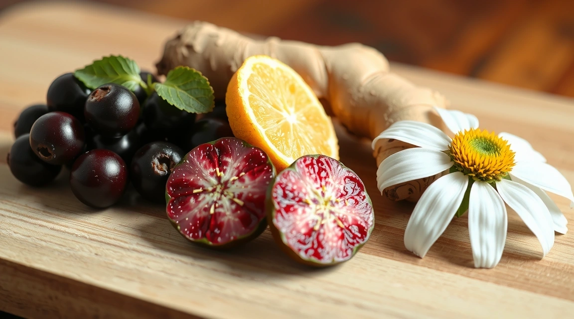 Close-up of fresh elderberries, ginger, and echinacea