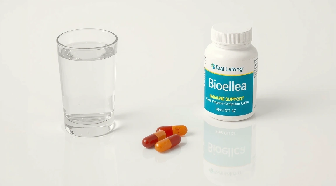 Glass of water with two capsules and Bioellea bottle